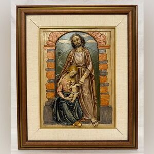 Vintage Alabaster 3D Handpainted picture Relief Holy Family Religious Wall Art